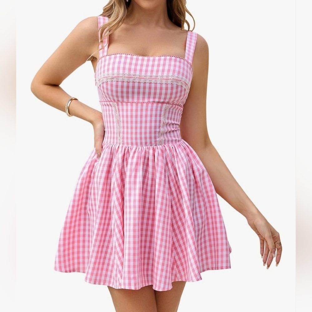 NWT Pink Gingham A-Line Corset Summer Dress, S